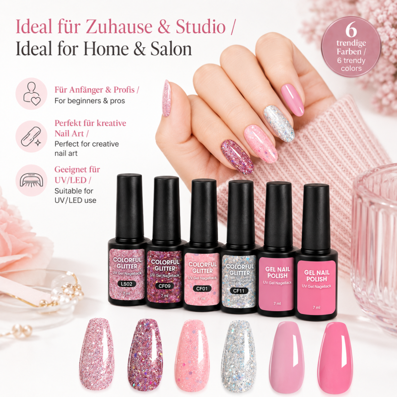 Set de 6 Vernis Gel UV Rose Glamour